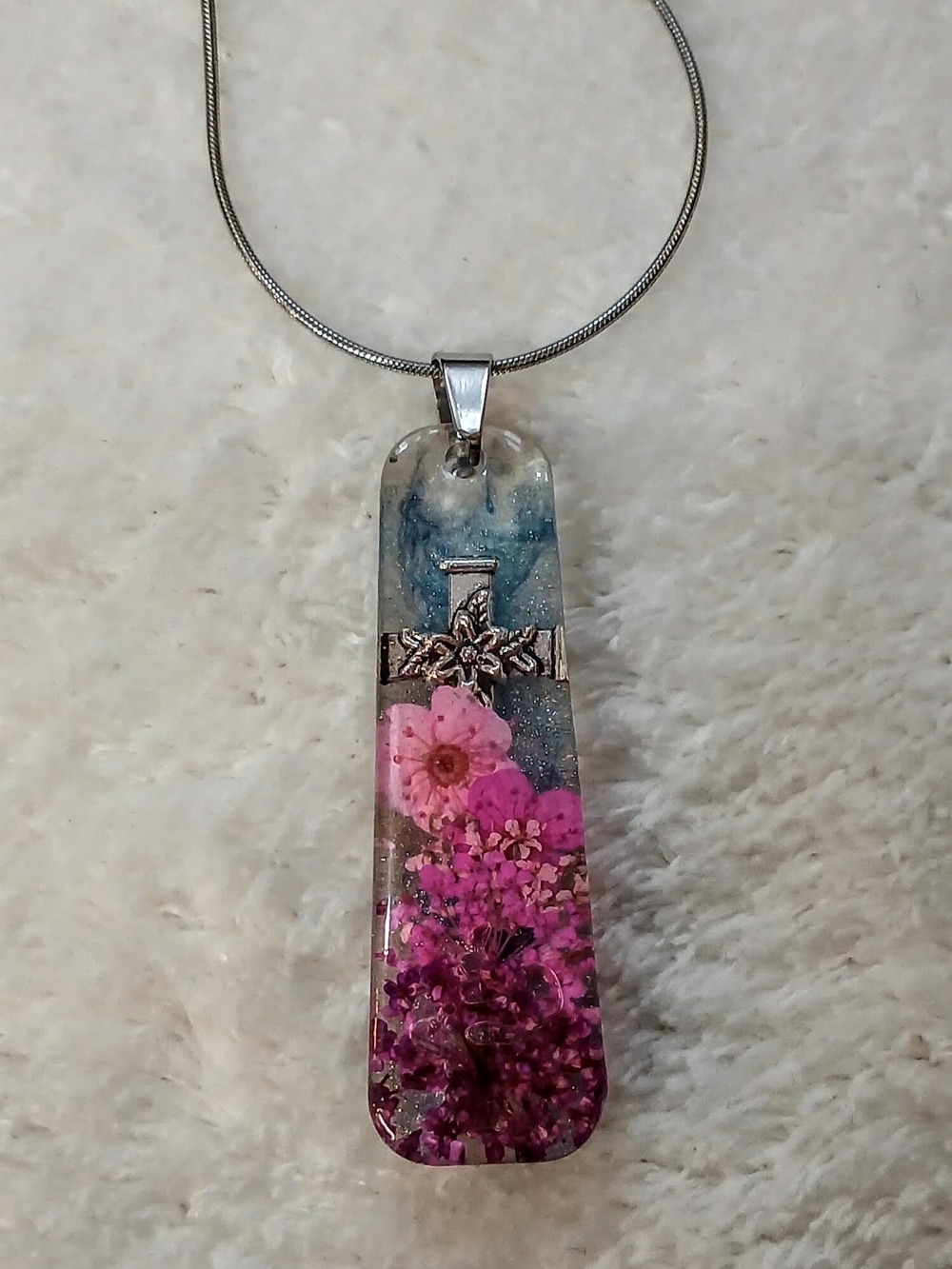 Handmade Pink Floral Resin Pendant Necklace - Silver Tone
